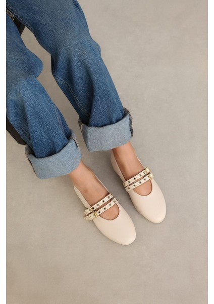 Bej Krem Renk Zımbalı Çift Tokalı Kadın Babet | Günlük Rahat Düz Taban Mary Jane Ayakkabı Moda
