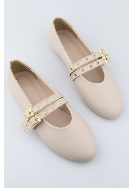 Bej Krem Renk Zımbalı Çift Tokalı Kadın Babet | Günlük Rahat Düz Taban Mary Jane Ayakkabı Moda fiyatları