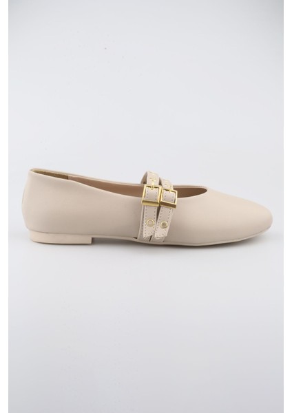 Bej Krem Renk Zımbalı Çift Tokalı Kadın Babet | Günlük Rahat Düz Taban Mary Jane Ayakkabı Moda modelleri
