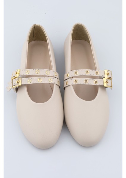 Bej Krem Renk Zımbalı Çift Tokalı Kadın Babet | Günlük Rahat Düz Taban Mary Jane Ayakkabı Moda fırsatları