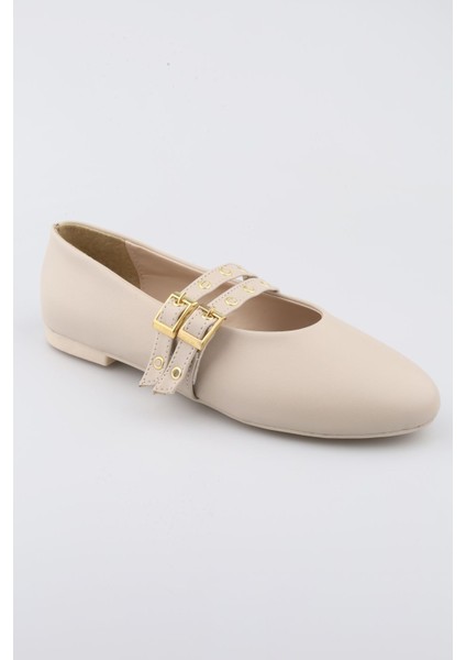 Bej Krem Renk Zımbalı Çift Tokalı Kadın Babet | Günlük Rahat Düz Taban Mary Jane Ayakkabı Moda indirimleri