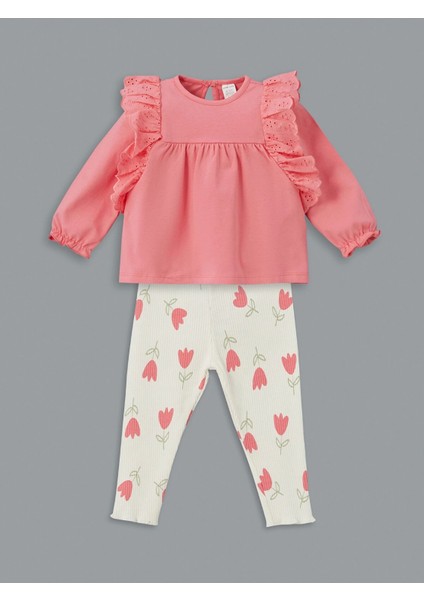 Lcw Baby Pembe Bisiklet Yaka Çiçekli Kız Bebek Bluz ve Tayt 2'li
