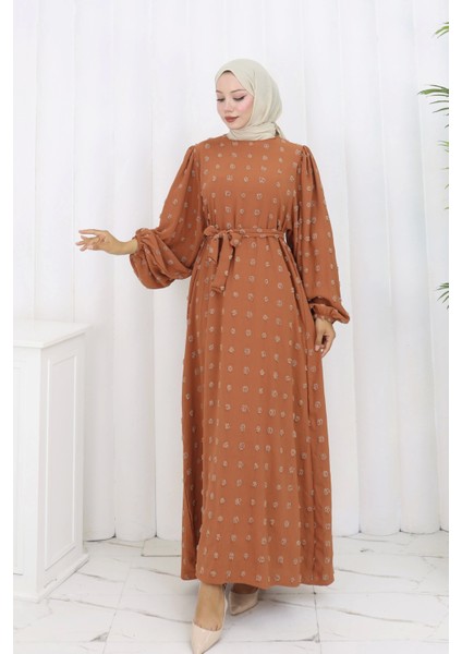 Ponpon Detaylı Kuşaklı Elbise Taba fiyatları