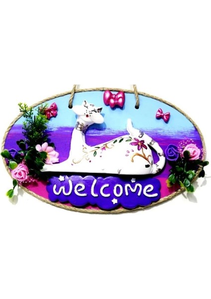 Kedi Figürlü Welcome Yazılı El Yapımı Kapı Süsü
