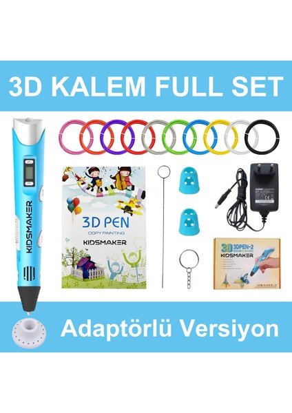 Mavi 3D Kalem Full Set-Adaptörlü-Şablon Kitabı-Filament-Temizleme Çubuğu-Parmak Koruyucu-Anahtarlık