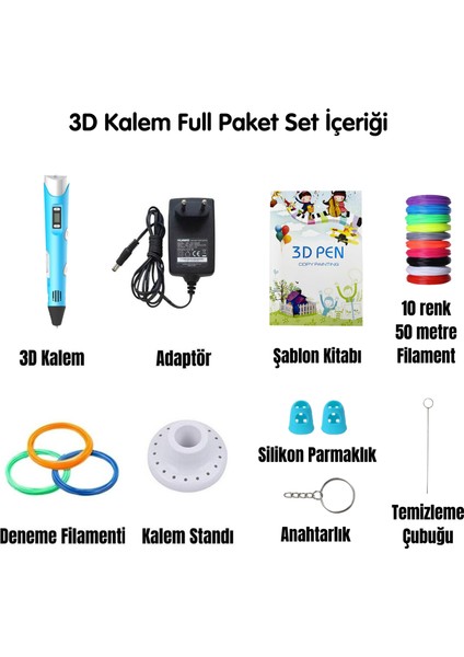 Mavi 3D Kalem Full Set-Adaptörlü-Şablon Kitabı-Filament-Temizleme Çubuğu-Parmak Koruyucu-Anahtarlık fiyatları