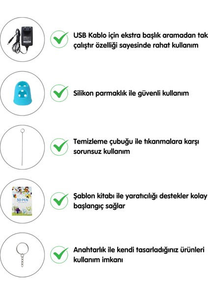 Mavi 3D Kalem Full Set-Adaptörlü-Şablon Kitabı-Filament-Temizleme Çubuğu-Parmak Koruyucu-Anahtarlık modelleri