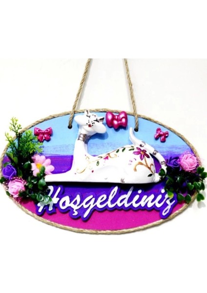 Kedi Figürlü Hoşgeldiniz Yazılı El Boyaması Renkli Kapı Süsü