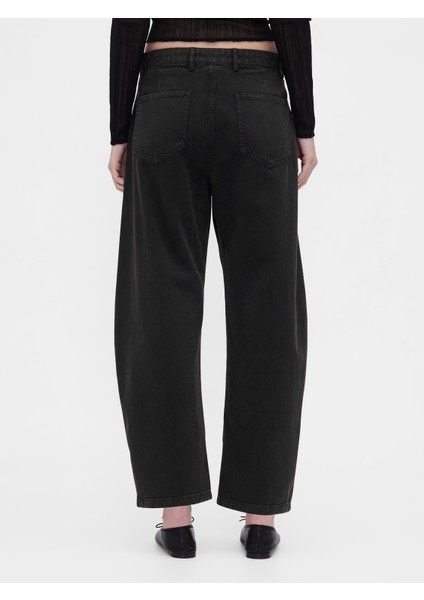 Kadın Siyah Mid Rise Twill Barrel Pantolon indirimleri