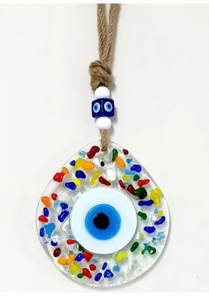 Gökkuşağı Renklerinde Nazar Boncuklu Damla Model Şeffaf Cam Duvar Süsü