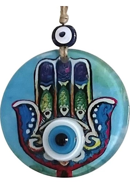 Fatma Ana Eli Desenli Nazar Boncuklu Duvar Süsü 10 cm Cam Duvar Dekoru