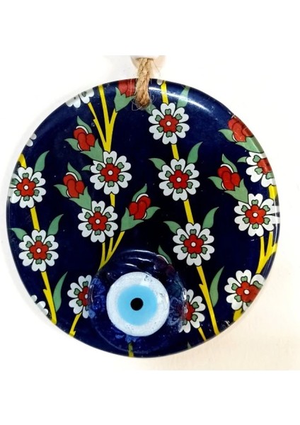Çiçek Desenli Lacivert Nazar Boncuklu Füzyon Cam Duvar Süsü