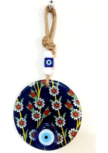 Çiçek Desenli Lacivert Nazar Boncuklu Füzyon Cam Duvar Süsü fiyatları