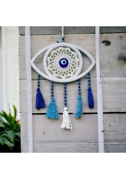 Beyaz Dantelli Ponponlu Nazar Boncuklu Duvar Süsü modelleri