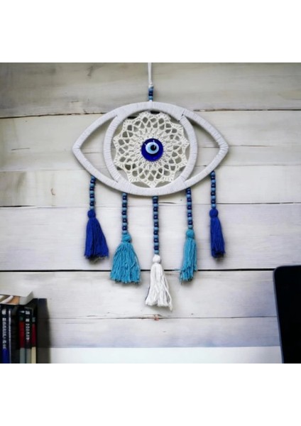 Beyaz Dantelli Ponponlu Nazar Boncuklu Duvar Süsü fırsatları