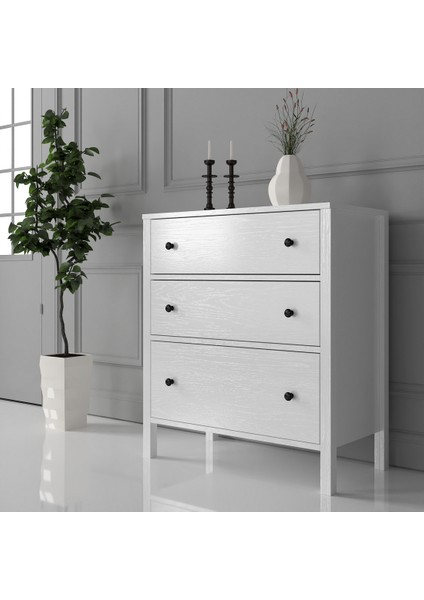 Hunerika Valena 3 Çekmeceli Şifonyer -Wood Beyaz-Minifiks Bağlantılı
