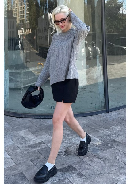 Gri Bisiklet Yaka Örgü Desenli Kadın Triko Kazak MG2520 fırsatları