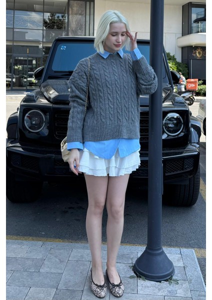 Antrasit Bisiklet Yaka Örgü Desenli Kadın Triko Kazak MG2520