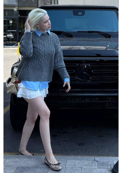 Antrasit Bisiklet Yaka Örgü Desenli Kadın Triko Kazak MG2520 fiyatları