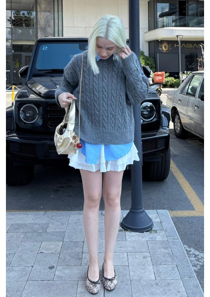 Antrasit Bisiklet Yaka Örgü Desenli Kadın Triko Kazak MG2520 fırsatları