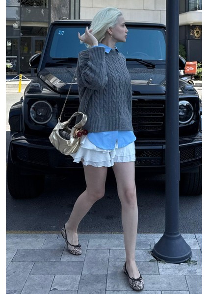 Antrasit Bisiklet Yaka Örgü Desenli Kadın Triko Kazak MG2520 indirimleri