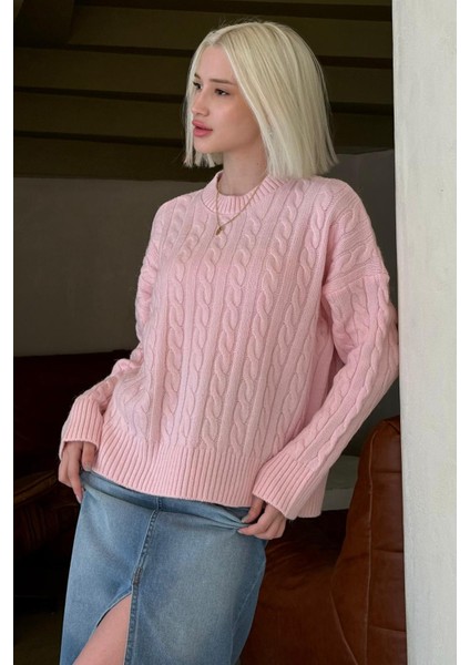 Pembe Bisiklet Yaka Örgü Desenli Kadın Triko Kazak MG2520 fiyatları
