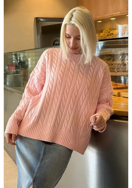 Pembe Bisiklet Yaka Örgü Desenli Kadın Triko Kazak MG2520 modelleri