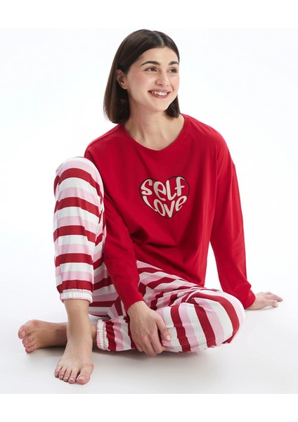 Lcw Dream Kırmızı Bisiklet Yaka Baskılı Kadın Pijama Takımı