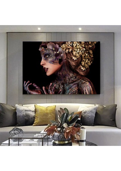 Siyah Kanvas Üzerinde Afrika Kadın; Etnik Kadın Kanvas Resim; Altın Detaylı Kadın Baskı; Modern Ev D