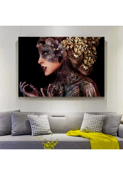 Siyah Kanvas Üzerinde Afrika Kadın; Etnik Kadın Kanvas Resim; Altın Detaylı Kadın Baskı; Modern Ev D modelleri