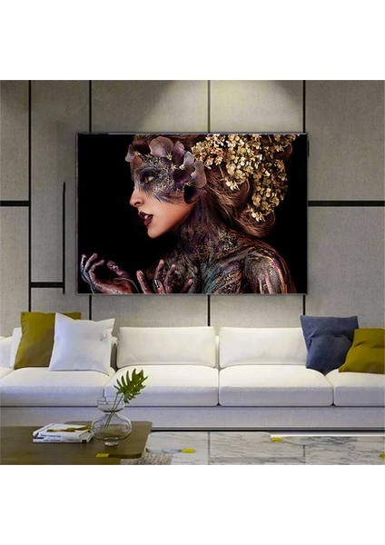 Siyah Kanvas Üzerinde Afrika Kadın; Etnik Kadın Kanvas Resim; Altın Detaylı Kadın Baskı; Modern Ev D fırsatları