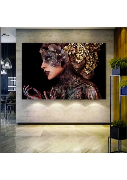 Siyah Kanvas Üzerinde Afrika Kadın; Etnik Kadın Kanvas Resim; Altın Detaylı Kadın Baskı; Modern Ev D