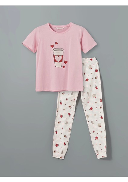 Lcw Dream Pembe Bisiklet Yaka Baskılı Kadın Pijama Takımı