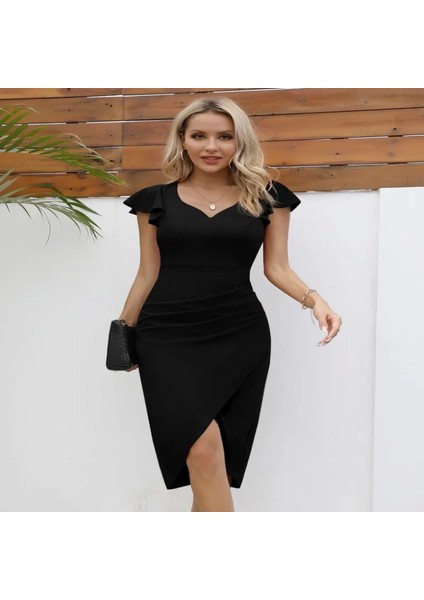 Kadın Kısa Kollu Kalp Yaka Yanlardan Büzgü Detay Midi Janjan Krep Elbise fiyatları