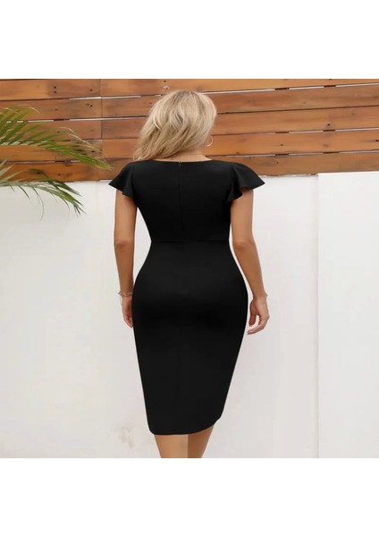 Kadın Kısa Kollu Kalp Yaka Yanlardan Büzgü Detay Midi Janjan Krep Elbise fırsatları