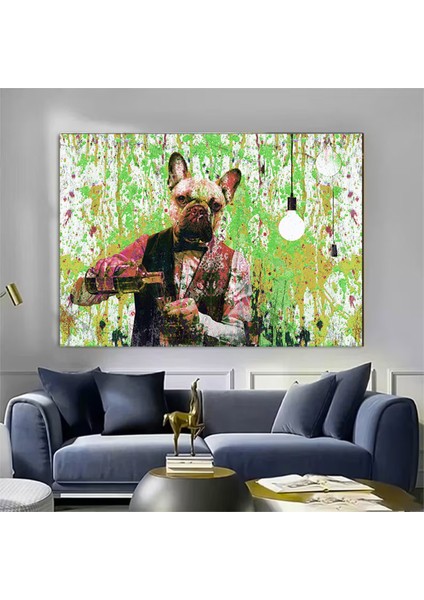 Barmen Köpek Renkli Tablo, Graffiti Boya Efektli Köpek Duvar Kanvası