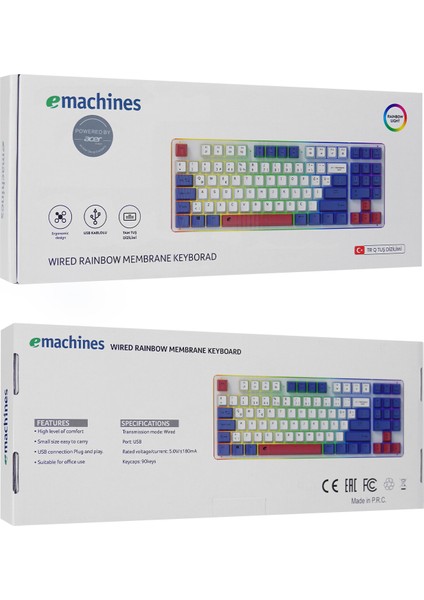 eMachines EAK216 Beyaz/Mavi/Kırmızı USB Rainbow Aydınlatmalı Q Standart TKL Klavye