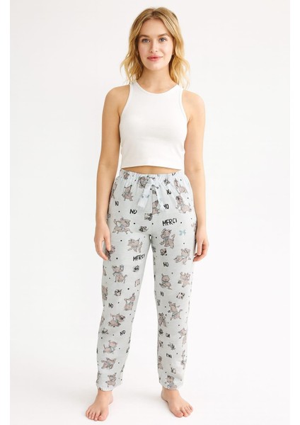 Kadın Kedi Desenli Tek Alt Yeşil