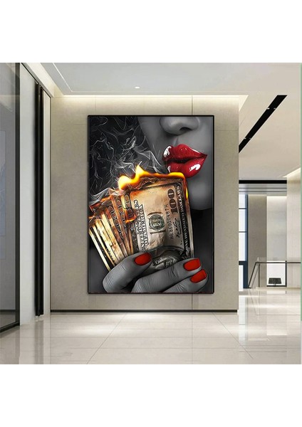 Kırmızı Rujlu Seksi Kadın Tablosu, Paralı Kadın Kanvas Duvar Sanatı, Kadın Portresi, Asılmaya Hazır