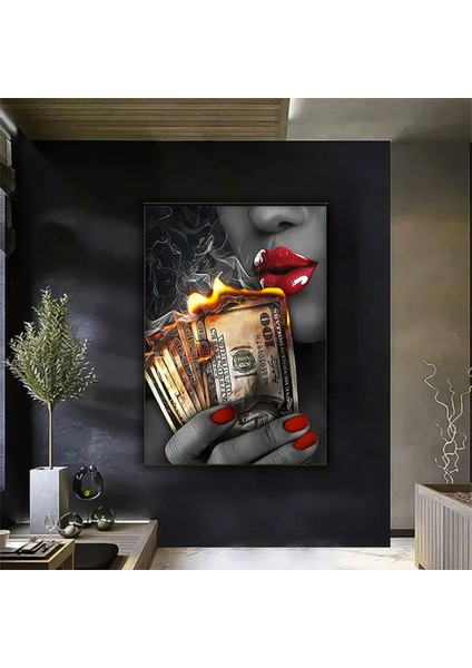 Kırmızı Rujlu Seksi Kadın Tablosu, Paralı Kadın Kanvas Duvar Sanatı, Kadın Portresi, Asılmaya Hazır