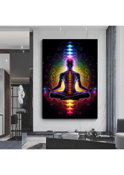 Hint Buddha Meditasyonu 7 Çakra Kanvası, Yoga ve Spor Temalı Oturma Odası Dekoru
