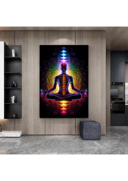 Hint Buddha Meditasyonu 7 Çakra Kanvası, Yoga ve Spor Temalı Oturma Odası Dekoru