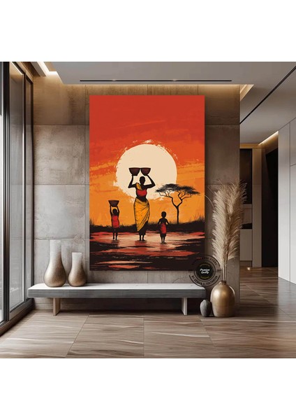 Gün Batımında Su Taşıyan Afrikalı Aile, Canlı Renkli Etnik Manzara Kanvası fiyatları
