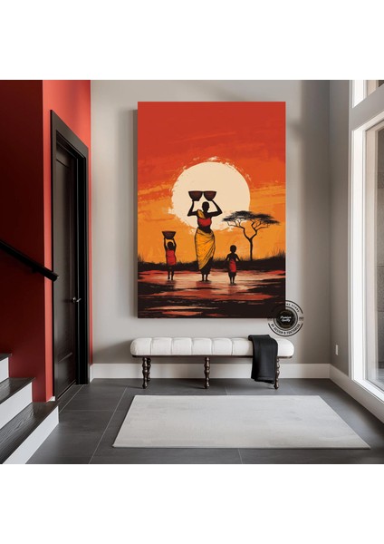 Gün Batımında Su Taşıyan Afrikalı Aile, Canlı Renkli Etnik Manzara Kanvası modelleri