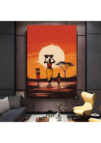 Gün Batımında Su Taşıyan Afrikalı Aile, Canlı Renkli Etnik Manzara Kanvası fırsatları