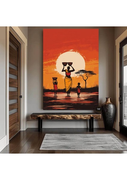 Gün Batımında Su Taşıyan Afrikalı Aile, Canlı Renkli Etnik Manzara Kanvası indirimleri