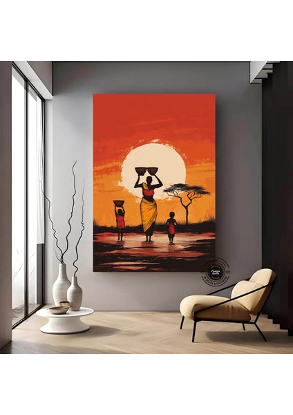 Gün Batımında Su Taşıyan Afrikalı Aile, Canlı Renkli Etnik Manzara Kanvası