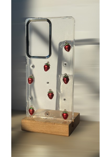 Samsung S24 Ultra Uyumlu Şeffaf Telefon Kılıfı Fiyonk Çilek, Ananas & Kiraz Detaylı,parıltı Efektli