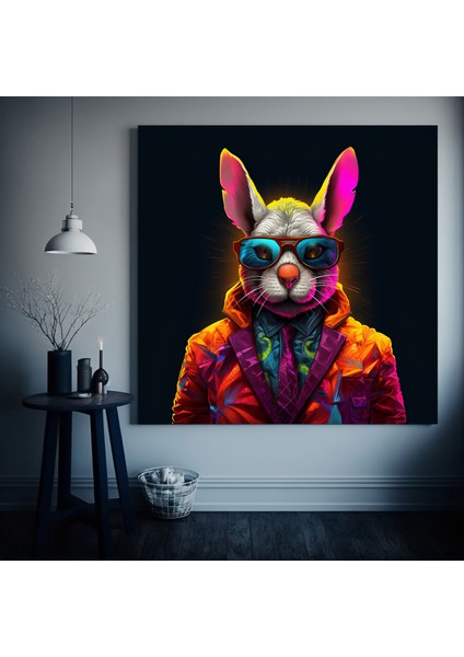 Renkli Tavşan Tablosu, Takım Elbiseli Gözlüklü Sevimli Tavşan Duvar Sanatı fiyatları