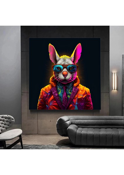 Renkli Tavşan Tablosu, Takım Elbiseli Gözlüklü Sevimli Tavşan Duvar Sanatı modelleri